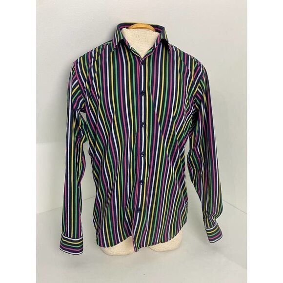 Luxury Jared Lang Striped Men's Button-Down Shirt 100% Colorful - Size Large - Picture 1 of 10